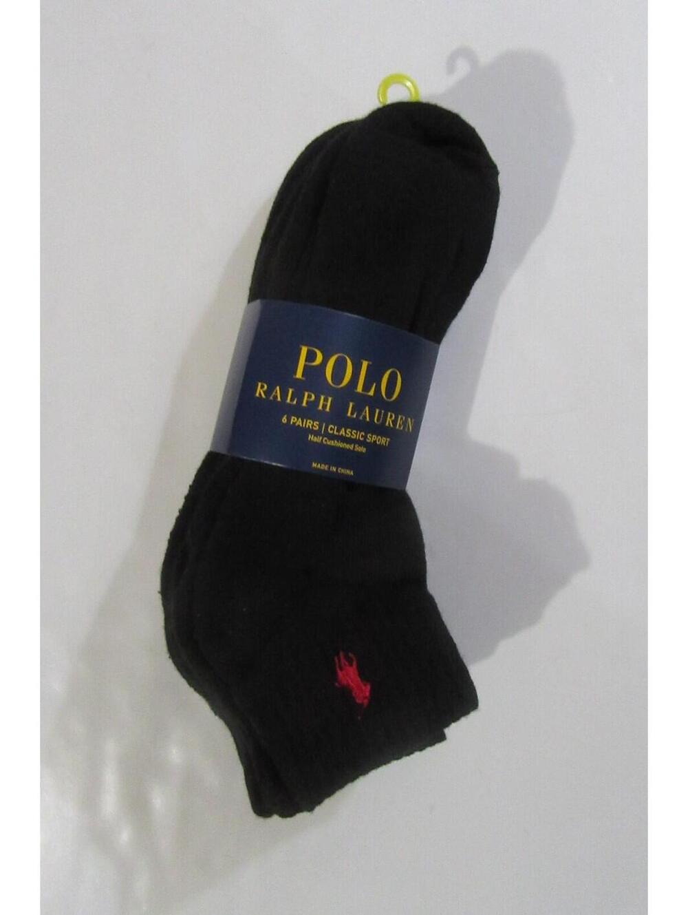 Polo Ralph Lauren Mens Quarter Crew Athletic Socks Black w Red Pony 6 Pack